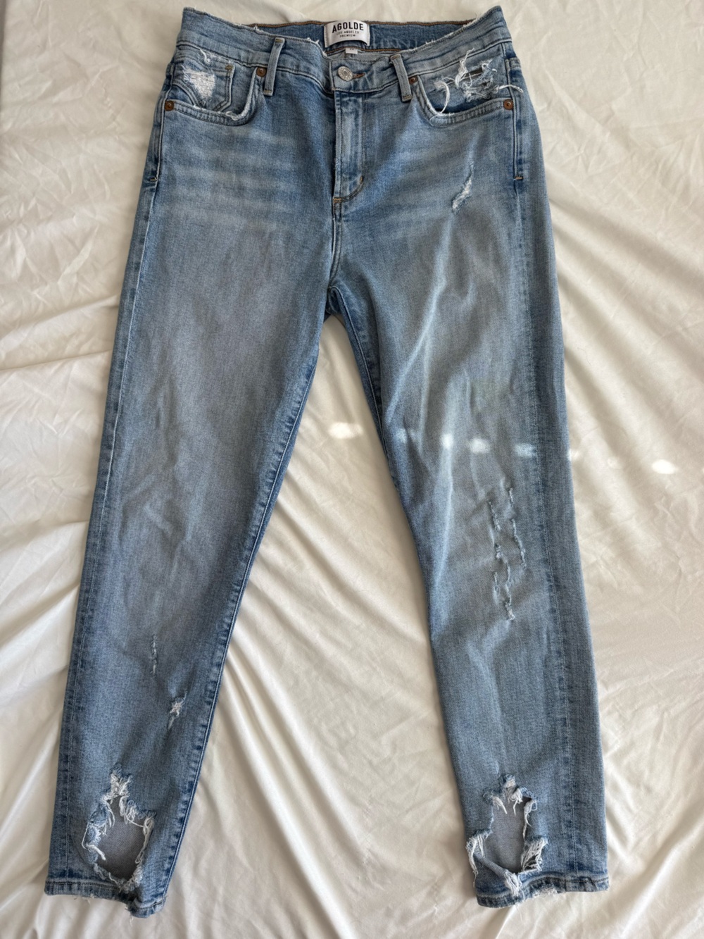 Agolde Sophie Cropped Ankle Light Blue Skinny Jeans with Distressed Details Sz26